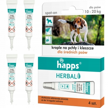HAPPS KROPLE na KLESZCZE PCHŁY PSÓW 10-20KG 4SZT