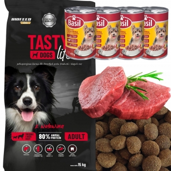 SUCHA KARMA DLA PSA TASTY DOGS LIFE WOŁOWINA 15KG + 4 x PUSZKA 415G