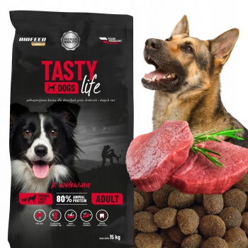 SUCHA KARMA DLA PSA TASTY DOGS LIFE WOŁOWINA 15KG ŚREDNIE I DUŻE PSY