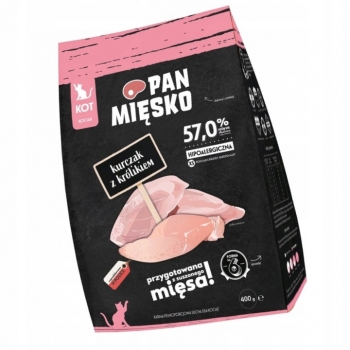 PAN MIĘSKO KARMA dla MŁODEGO KOTA KOCIAKA KURCZAK Z KRÓLIKIEM JUNIOR 400G