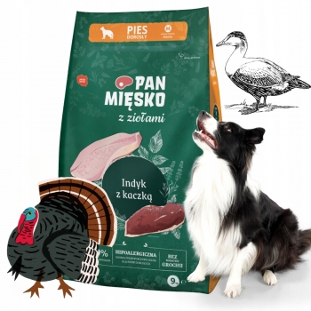 PAN MIĘSKO Z ZIOŁAMI KARMA SUCHA DLA PSA DOROSŁEGO INDYK Z KACZKĄ M 9KG