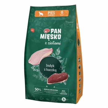 PAN MIĘSKO Z ZIOŁAMI KARMA SUCHA DLA PSA DOROSŁEGO INDYK Z KACZKĄ M 9KG